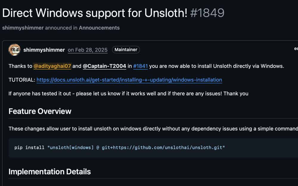Direct Windows support for Unsloth